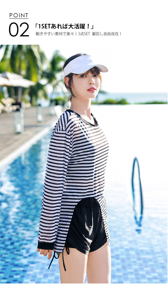 フィットネス レディース 水着 セパレート 3点セット ラッシュガード スイムウエア qm45789